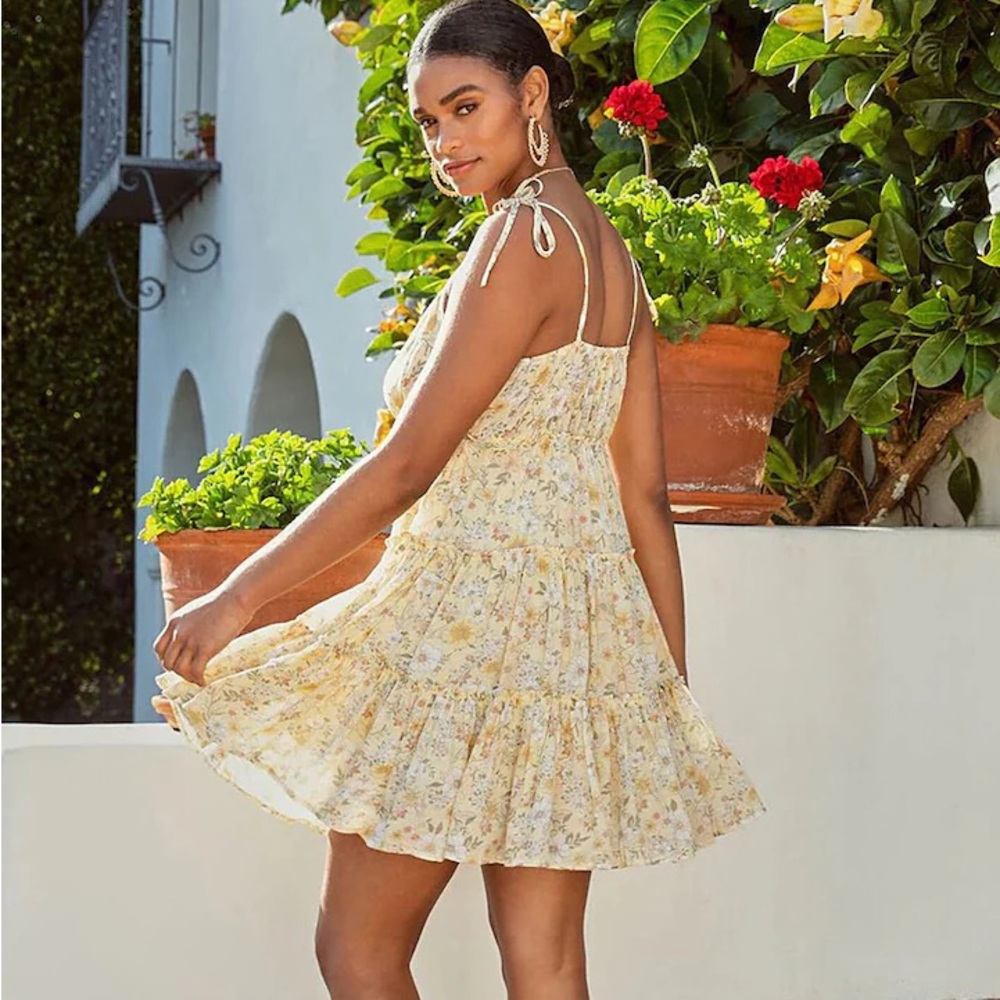 Yellow Floral Print Tie-Strap A-line Flowy Mini Dress, Summer Sundress - Picture 6 of 6